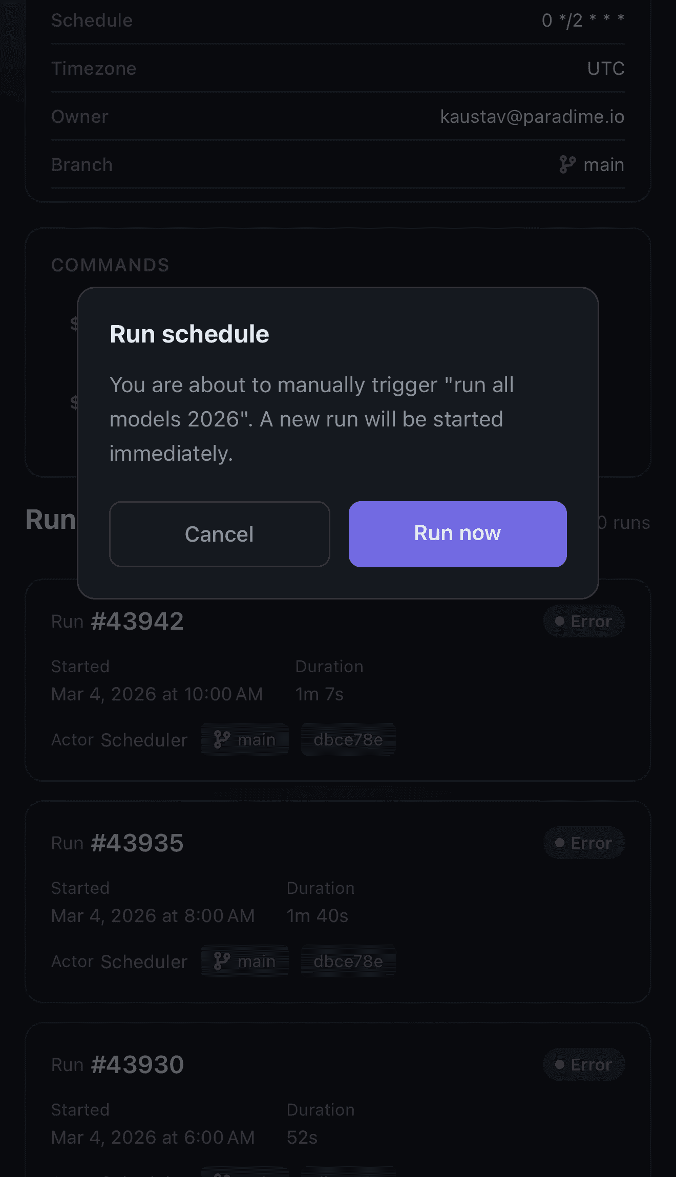 Confirming a manual Bolt run in the Paradime mobile app