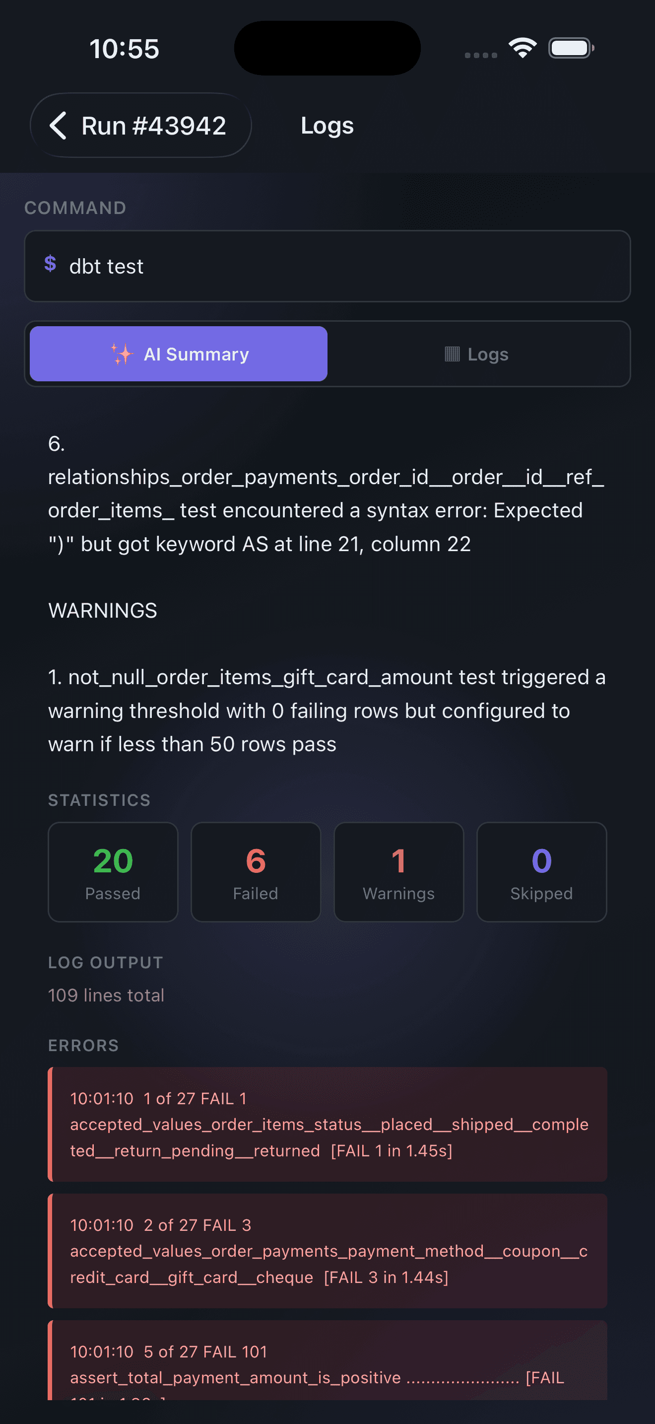 AI summary of a failed Bolt run in the Paradime mobile app