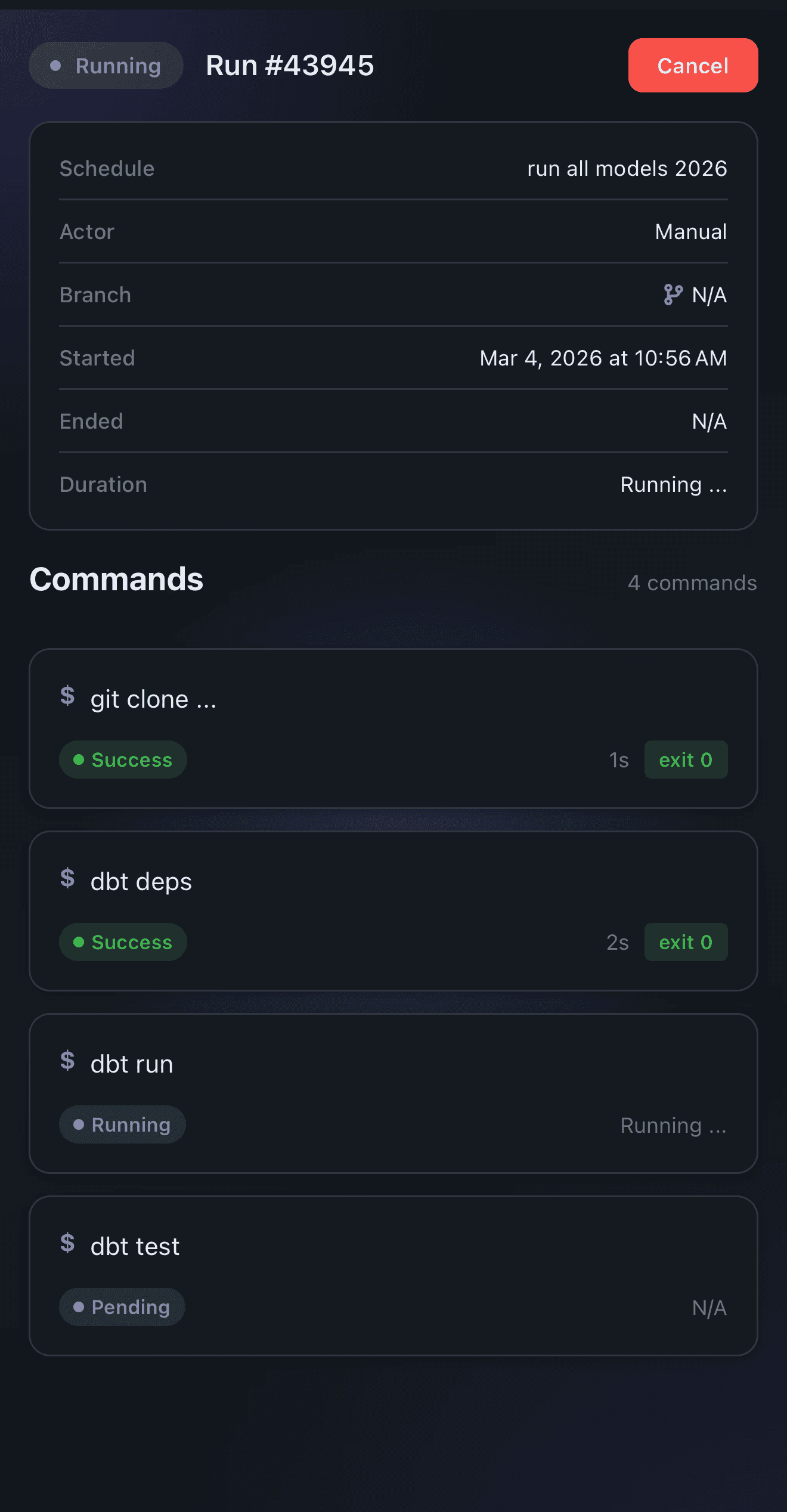 A running Bolt schedule in the Paradime mobile app