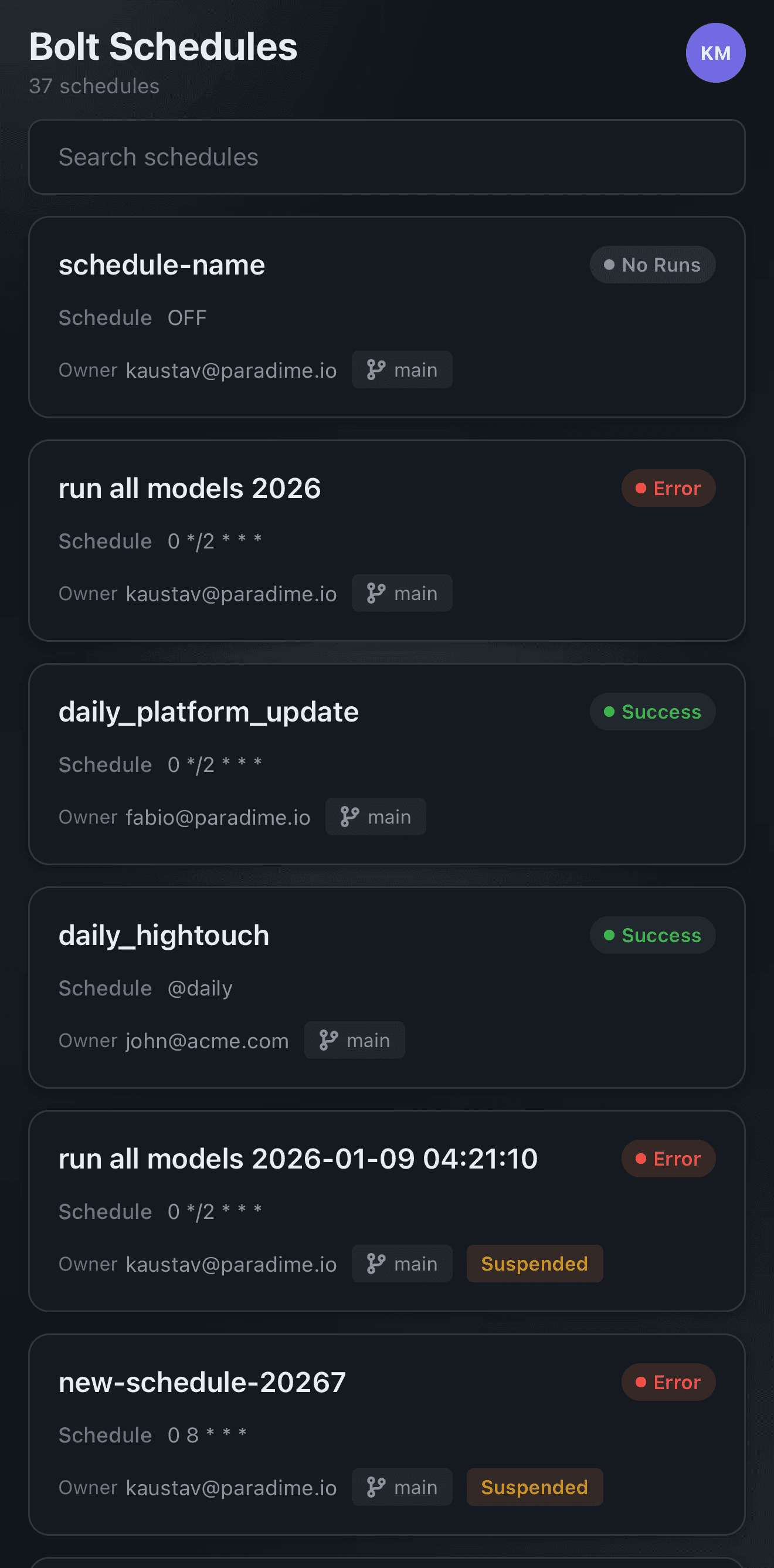 Bolt schedule list in the Paradime mobile app